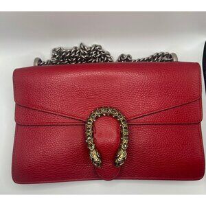 Gucci Red Leather Dionysus Shoulder Bag With Chain Strap & Embellished Tiger Hea